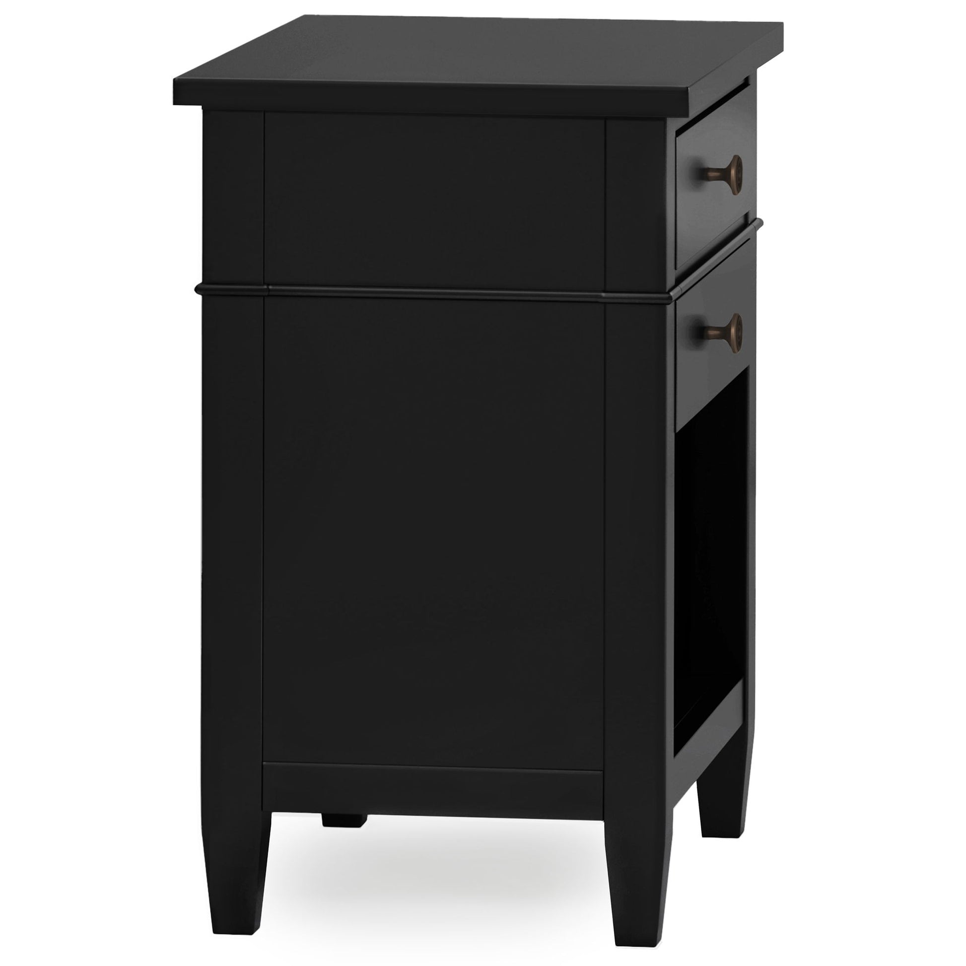The Carlton Bedside Table is a handcrafted black wooden nightstand featuring one drawer with bronze knobs, an open lower shelf, simple modern design with straight lines, and four sturdy legs.