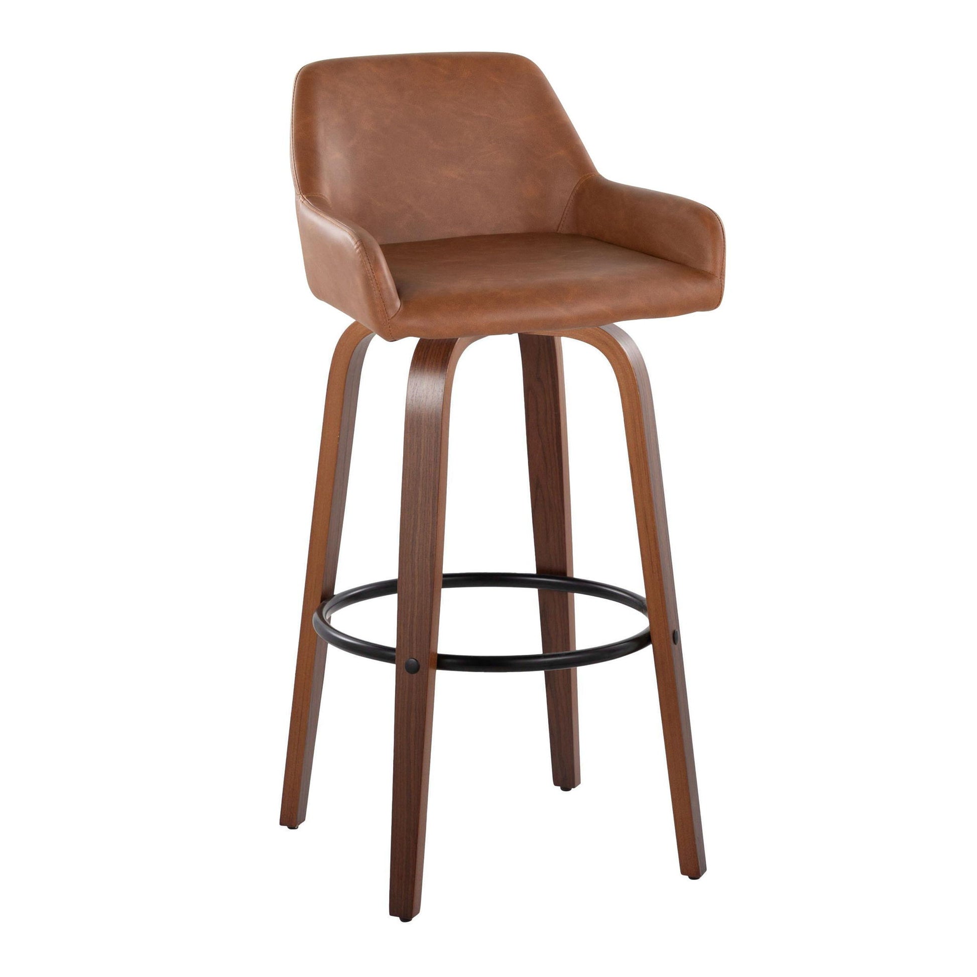 The Daniella Barstool set features contemporary fixed-height stools with brown faux leather seats, short armrests, curved wooden legs, and a black round footrest. Comes as a set of 2 with swivel functionality.
