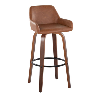 The Daniella Barstool set features contemporary fixed-height stools with brown faux leather seats, short armrests, curved wooden legs, and a black round footrest. Comes as a set of 2 with swivel functionality.