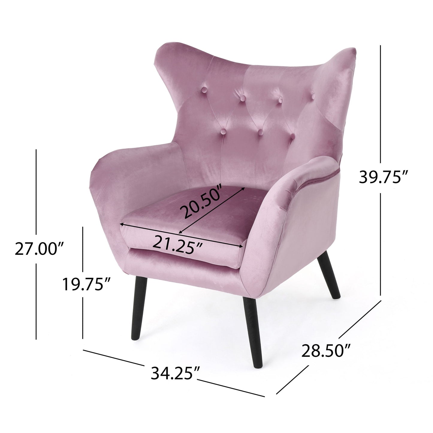 The Alyssa Mid Century Upholstered Arm Chair features a blush pink wingback design, button tufting, angled black legs, and measures 39.75"H x 34.25"L x 28.50"W, with a seat height of 19.75", arm height of 27", and seat size of 21.25"x20.5".