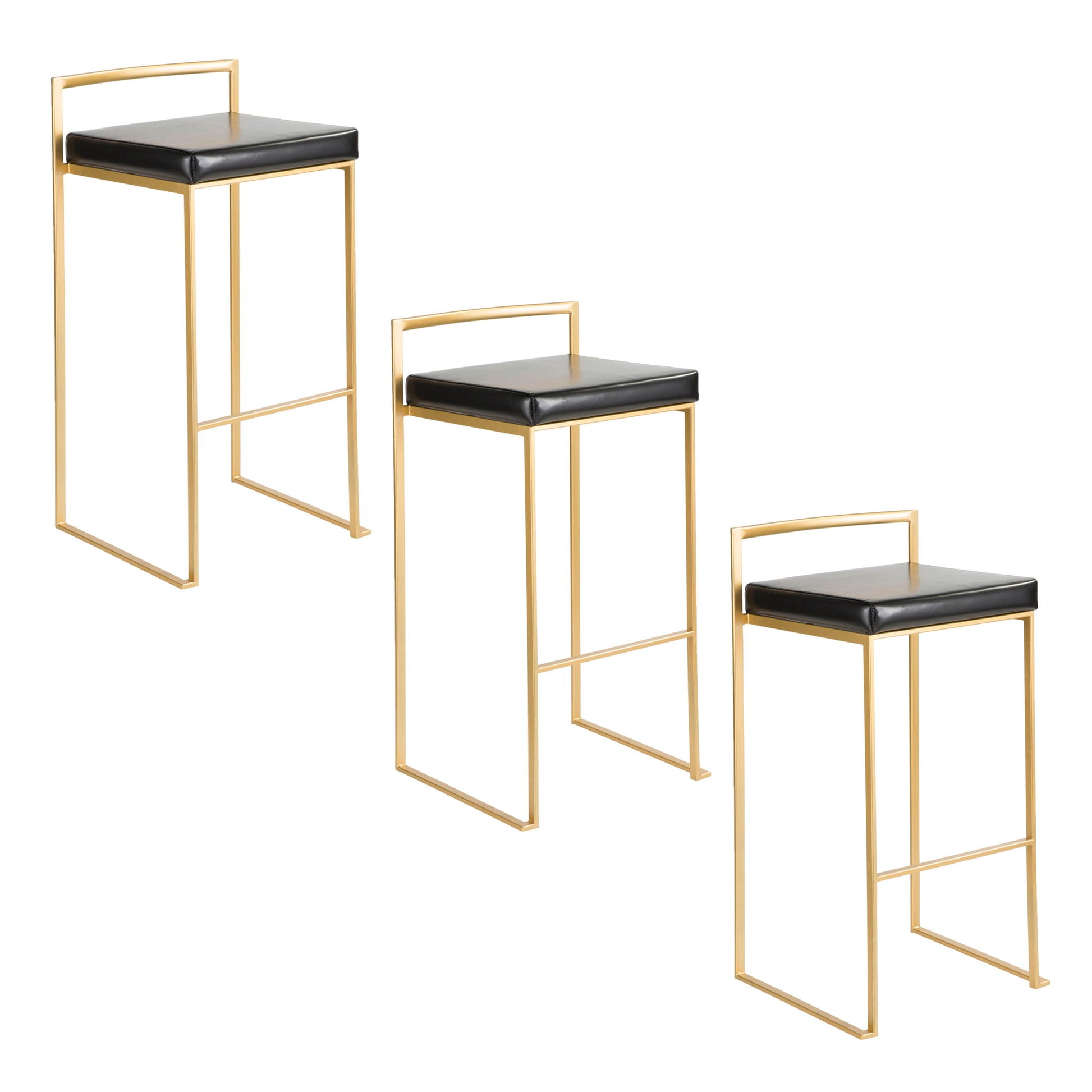 Three Fuji Contemporary/Glam barstools with gold metal frames and black cushioned seats, each featuring a minimalist rectangular backrest and footrest, are arranged in a staggered row.