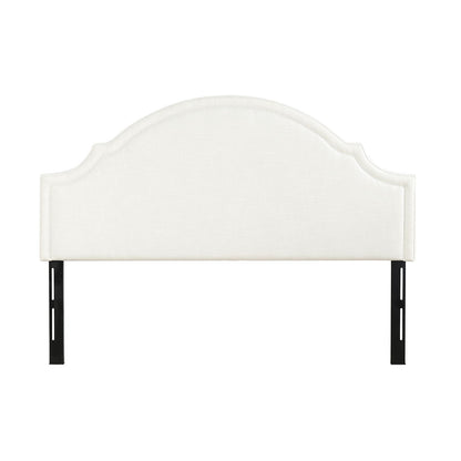 The Catherine Luxurious Comfort Upholstered Headboard features a white fabric, curved scalloped top, and black metal legs, displayed against a plain white background.