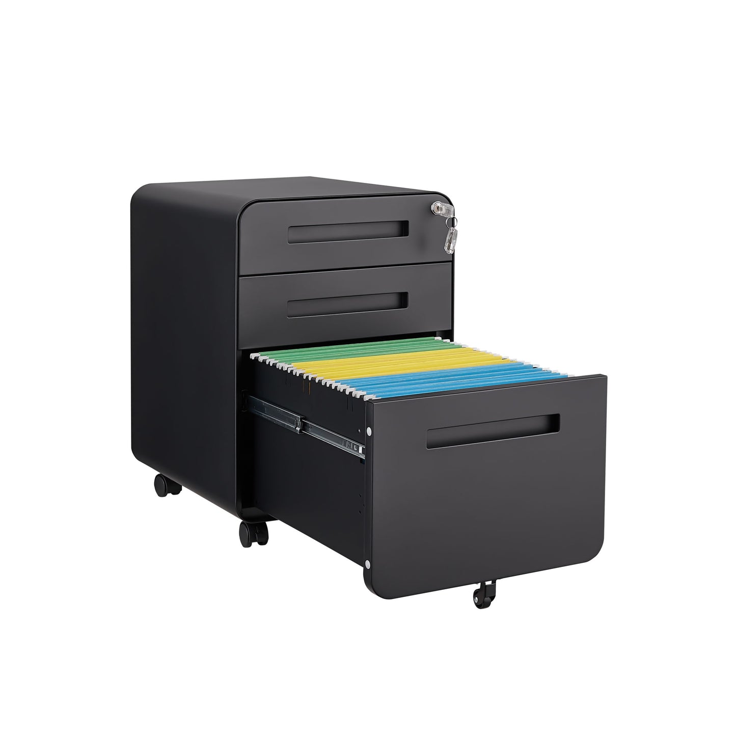 The 3 Drawer Mobile File Cabinet Under Desk Office features two small drawers and a large bottom drawer for organized storage of legal, letter, or A4 files. Made of cold-rolled steel with a 5-wheel design, it's waterproof, moisture-proof, and lockable.