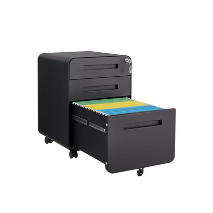 The 3 Drawer Mobile File Cabinet Under Desk Office features two small drawers and a large bottom drawer for organized storage of legal, letter, or A4 files. Made of cold-rolled steel with a 5-wheel design, it's waterproof, moisture-proof, and lockable.