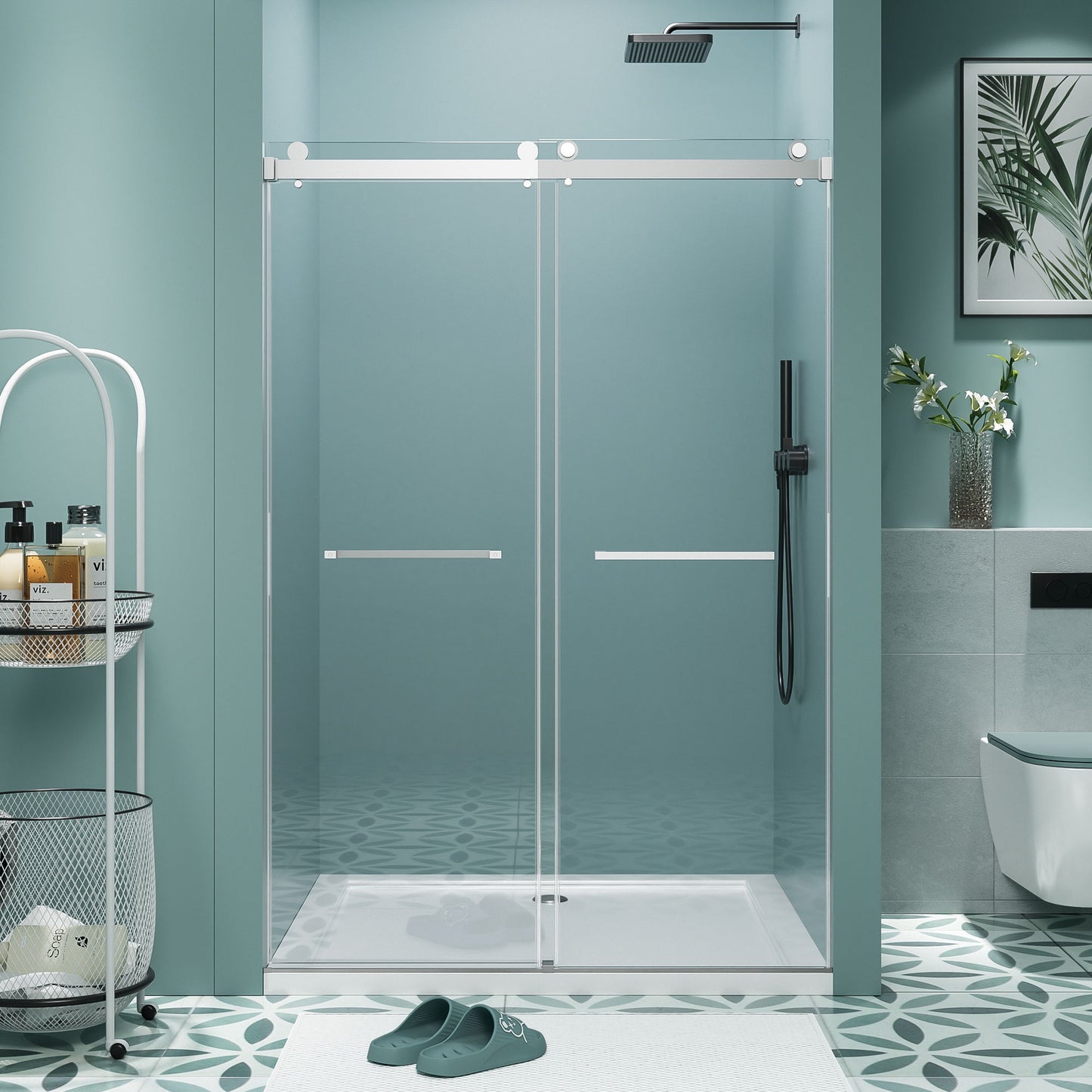 Frameless Double Sliding Soft Close Bathtub Shower Door, 5 / 16" Clear Nano Coated Tempered Glass And 304 Stainless Steel Handle - Brushed Nickel