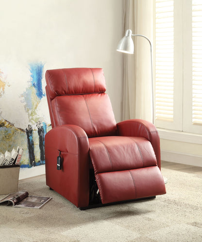The Ricardo Power Motion Recliner With Lift in red leather, featuring a remote pocket, sits on a beige carpet beside a floor lamp, window with wooden shutters, and an abstract wall painting in a bright room.