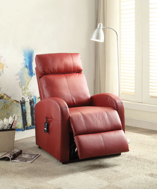 The Ricardo Power Motion Recliner With Lift in red leather, featuring a remote pocket, sits on a beige carpet beside a floor lamp, window with wooden shutters, and an abstract wall painting in a bright room.