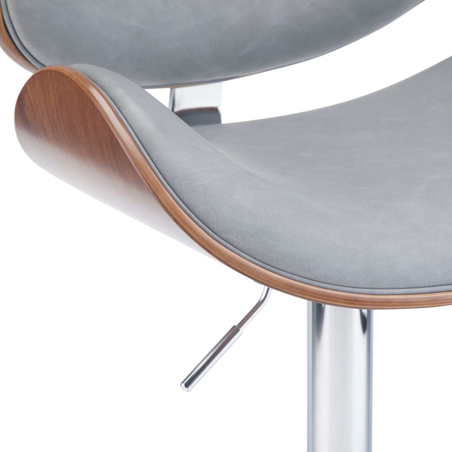 Close-up of the Marana Multifunctional Handcrafted Bentwood Adjustable Swivel Bar Stool, featuring a curved gray padded seat, wooden edges, and a chrome base with height-adjustment lever.
