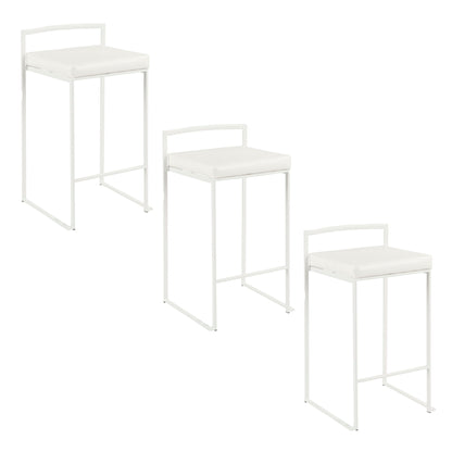 Three Fuji Simple Elegance contemporary stackable counter stools in white, with square cushioned seats, metal frames, and low backrests, arranged in a staggered pattern on a white background.
