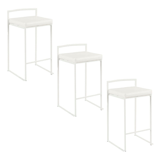 Three Fuji Simple Elegance contemporary stackable counter stools in white, with square cushioned seats, metal frames, and low backrests, arranged in a staggered pattern on a white background.