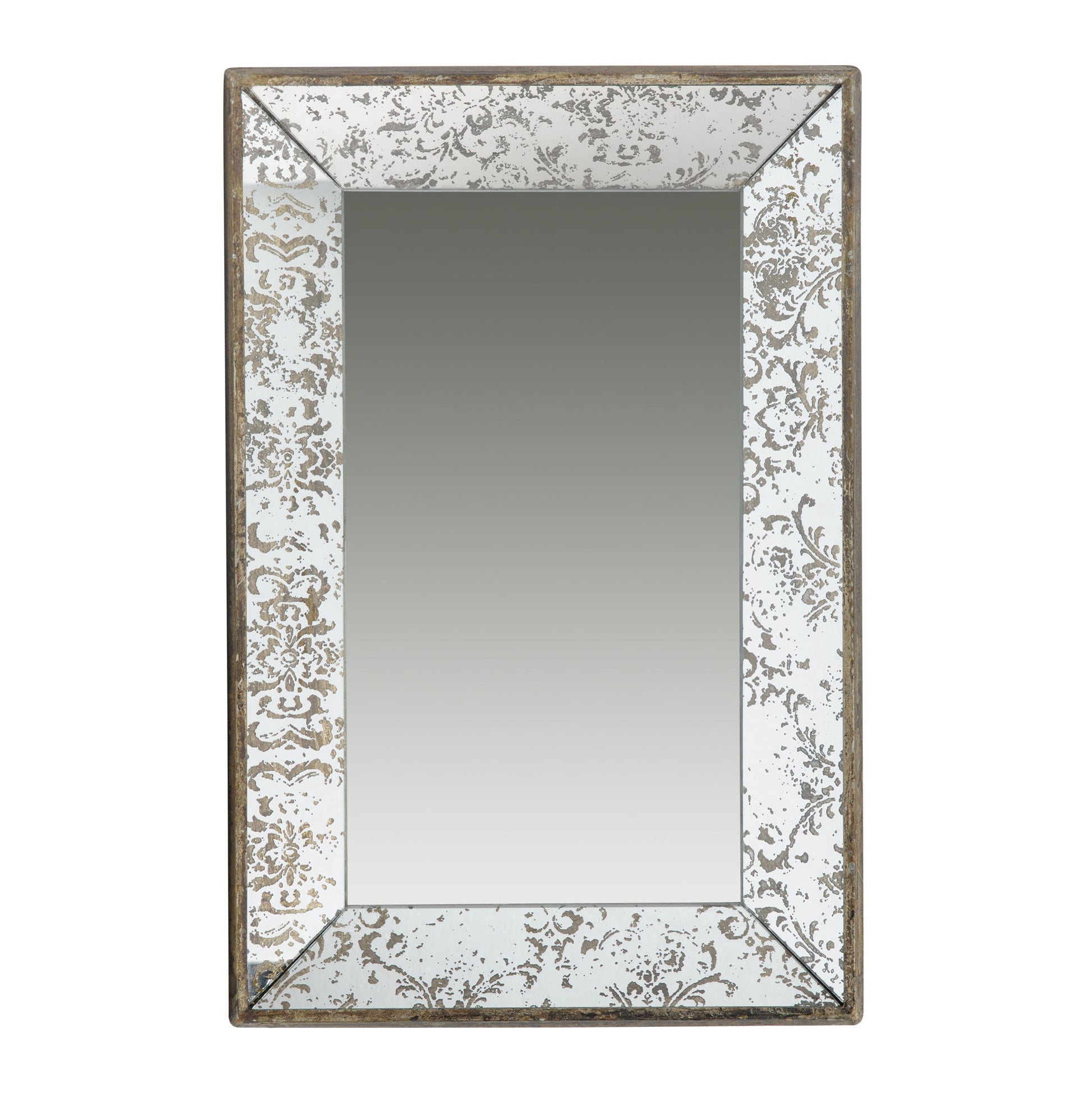 The Antique Rectangle Mirror With Floral Accents features a wide, beveled frame with a distressed gray and silver floral pattern, a clear center, and vintage charm; can be used as a mirrored display tray or hanging wall mirror.