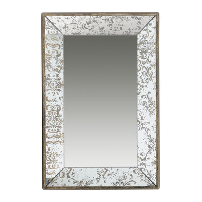 The Antique Rectangle Mirror With Floral Accents features a wide, beveled frame with a distressed gray and silver floral pattern, a clear center, and vintage charm; can be used as a mirrored display tray or hanging wall mirror.