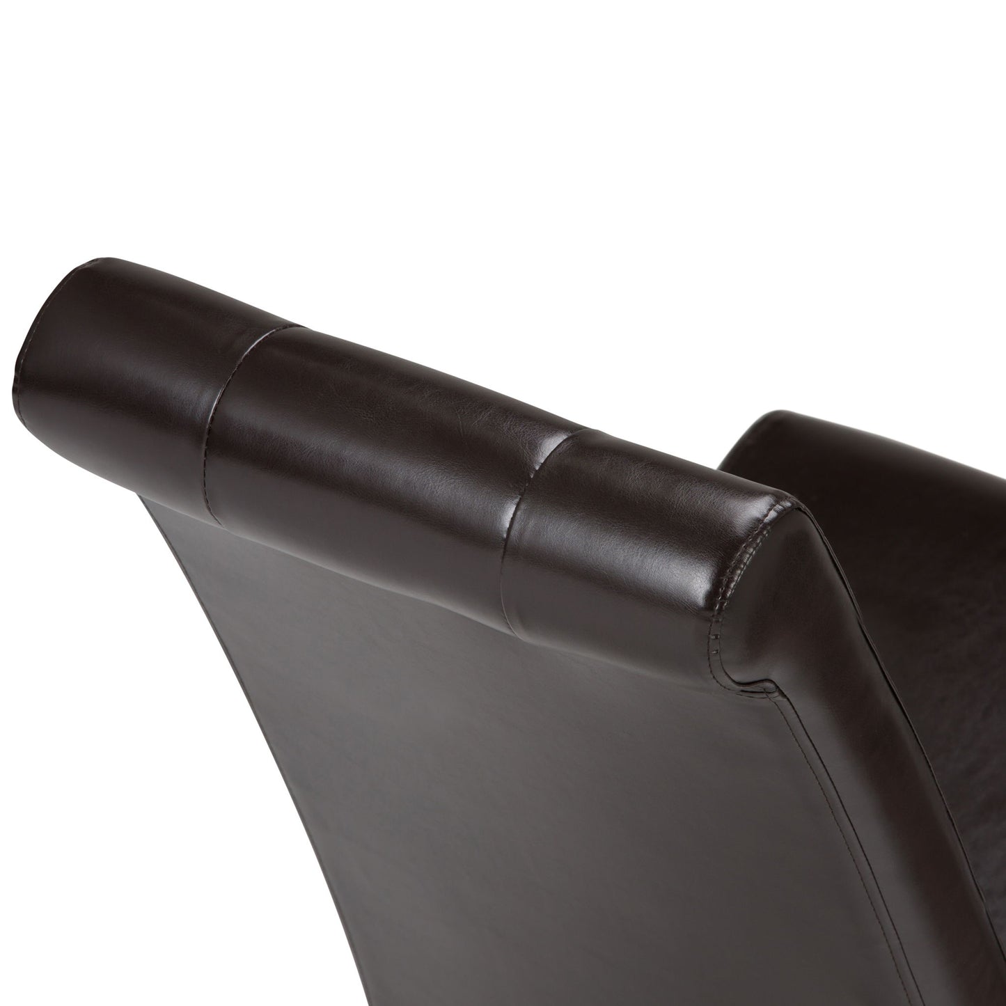 Close-up of the Cosmopolitan - Deluxe Tufted Parson Upholstered Chair, highlighting the dark brown leather upholstery, detailed stitching, and smooth padded backrest.