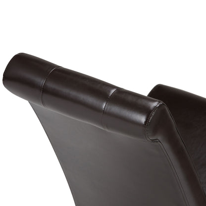 Close-up of the Cosmopolitan - Deluxe Tufted Parson Upholstered Chair, highlighting the dark brown leather upholstery, detailed stitching, and smooth padded backrest.