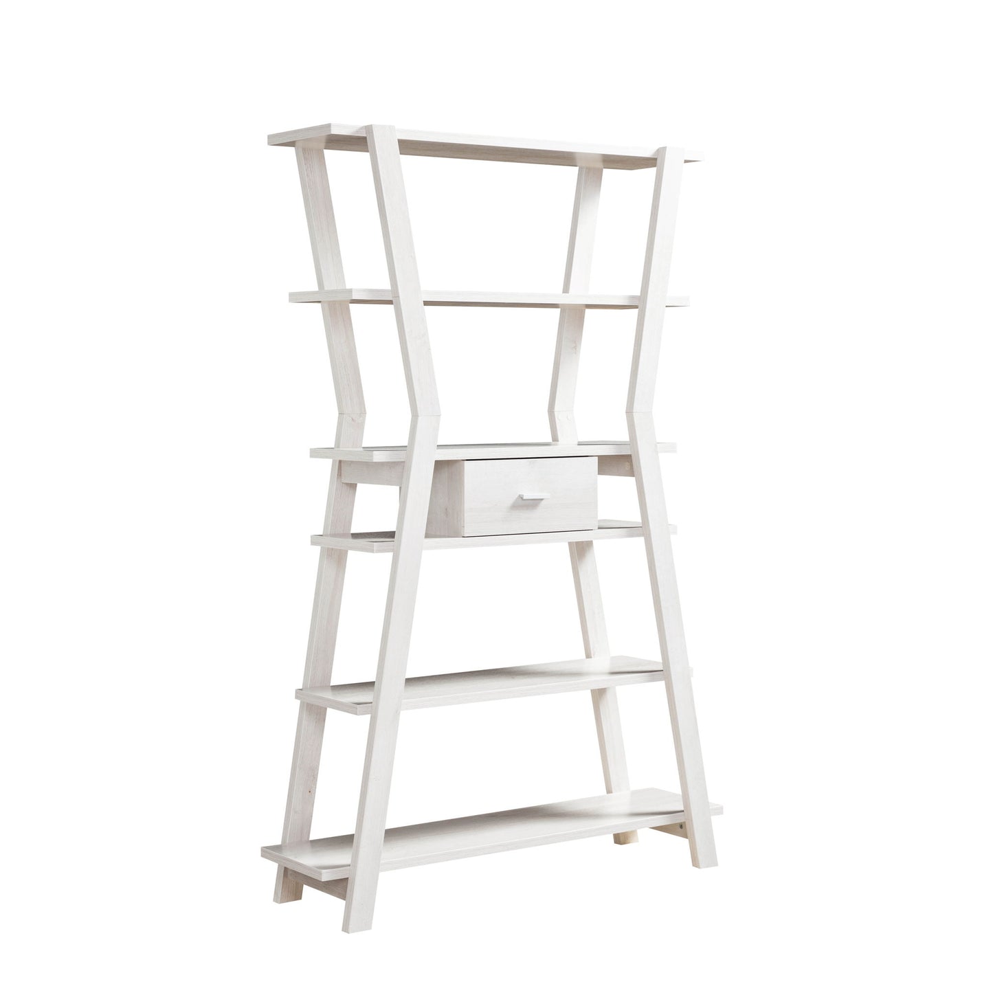The Modern Home Display Cabinet features a white oak finish, four open tiers, a central drawer, and angled legs for a modern, minimalist look. Its freestanding A-frame design and open sides are perfect for stylish storage and display.