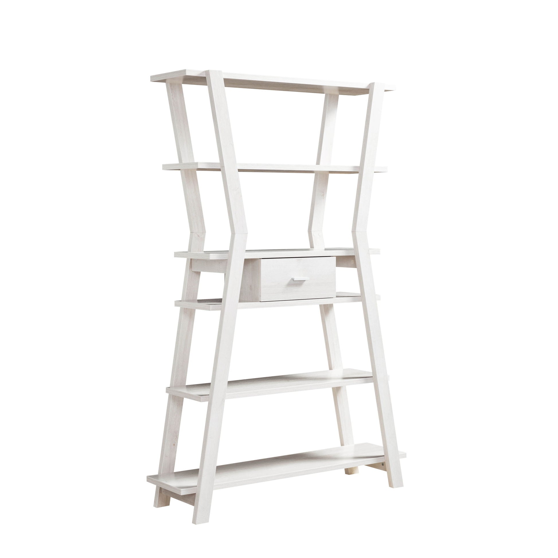 The Modern Home Display Cabinet features a white oak finish, four open tiers, a central drawer, and angled legs for a modern, minimalist look. Its freestanding A-frame design and open sides are perfect for stylish storage and display.