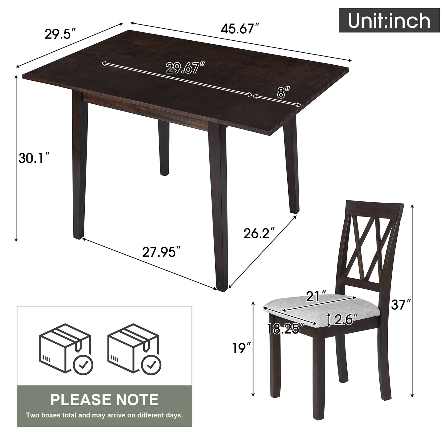 3 Piece Kitchen Dining Set includes a drop leaf table (45.67"L x 29.5"W x 30.1"H) and 2 upholstered chairs (37"H, 17.2"W, seat height 19"). Ideal for small spaces; ships in two separate boxes.