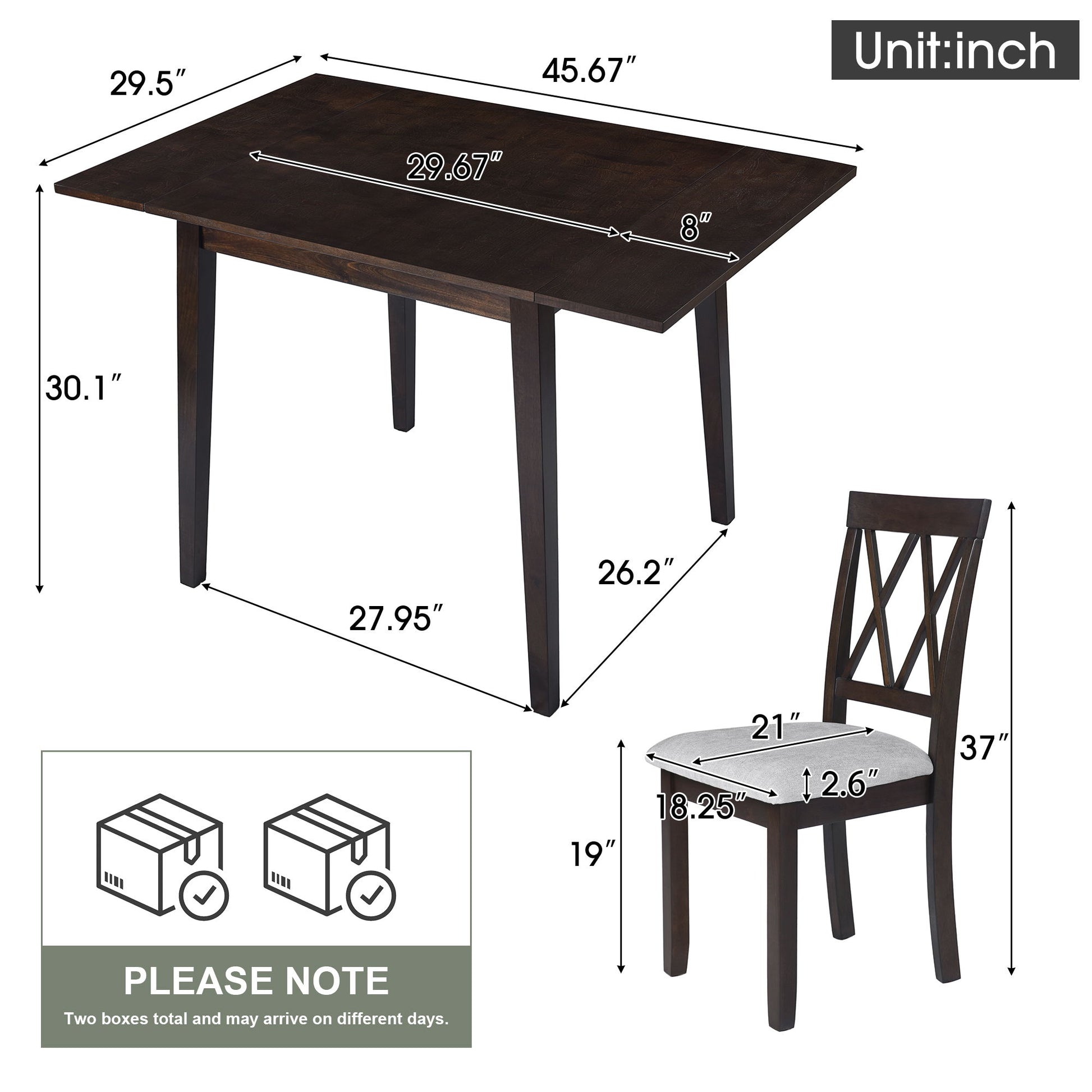 3 Piece Kitchen Dining Set includes a drop leaf table (45.67"L x 29.5"W x 30.1"H) and 2 upholstered chairs (37"H, 17.2"W, seat height 19"). Ideal for small spaces; ships in two separate boxes.