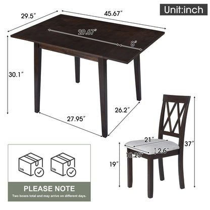 3 Piece Kitchen Dining Set includes a drop leaf table (45.67"L x 29.5"W x 30.1"H) and 2 upholstered chairs (37"H, 17.2"W, seat height 19"). Ideal for small spaces; ships in two separate boxes.