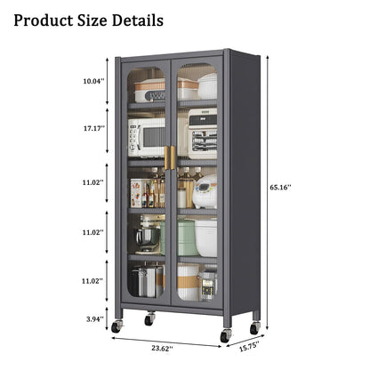 6 Tier Storage Cabinet With Transparent Door, Adjustable Shelves & Wheels