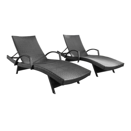 Two Salem Contemporary Wicker Chaise Lounges with arms, featuring black woven rattan, curved seats, and angled backrests, are placed side by side against a white background. Weather resistant design.