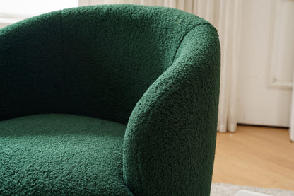 A close-up of the Teddy Fabric Swivel Accent Armchair Barrel Chair with a powder coating metal ring, featuring green textured upholstery and rounded arms, placed in a room with light curtains and wooden flooring.