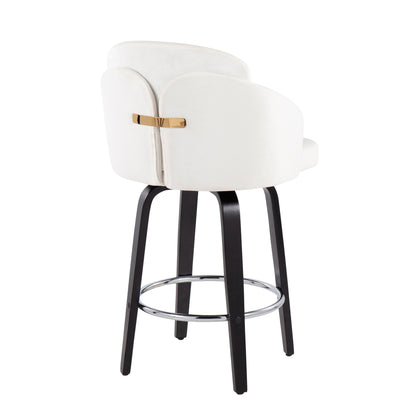 The Dahlia Contemporary Counter Stool (Set of 2) features modern white upholstery, a curved backrest with a gold accent handle, black wooden legs, and a round chrome footrest, shown against a white background.