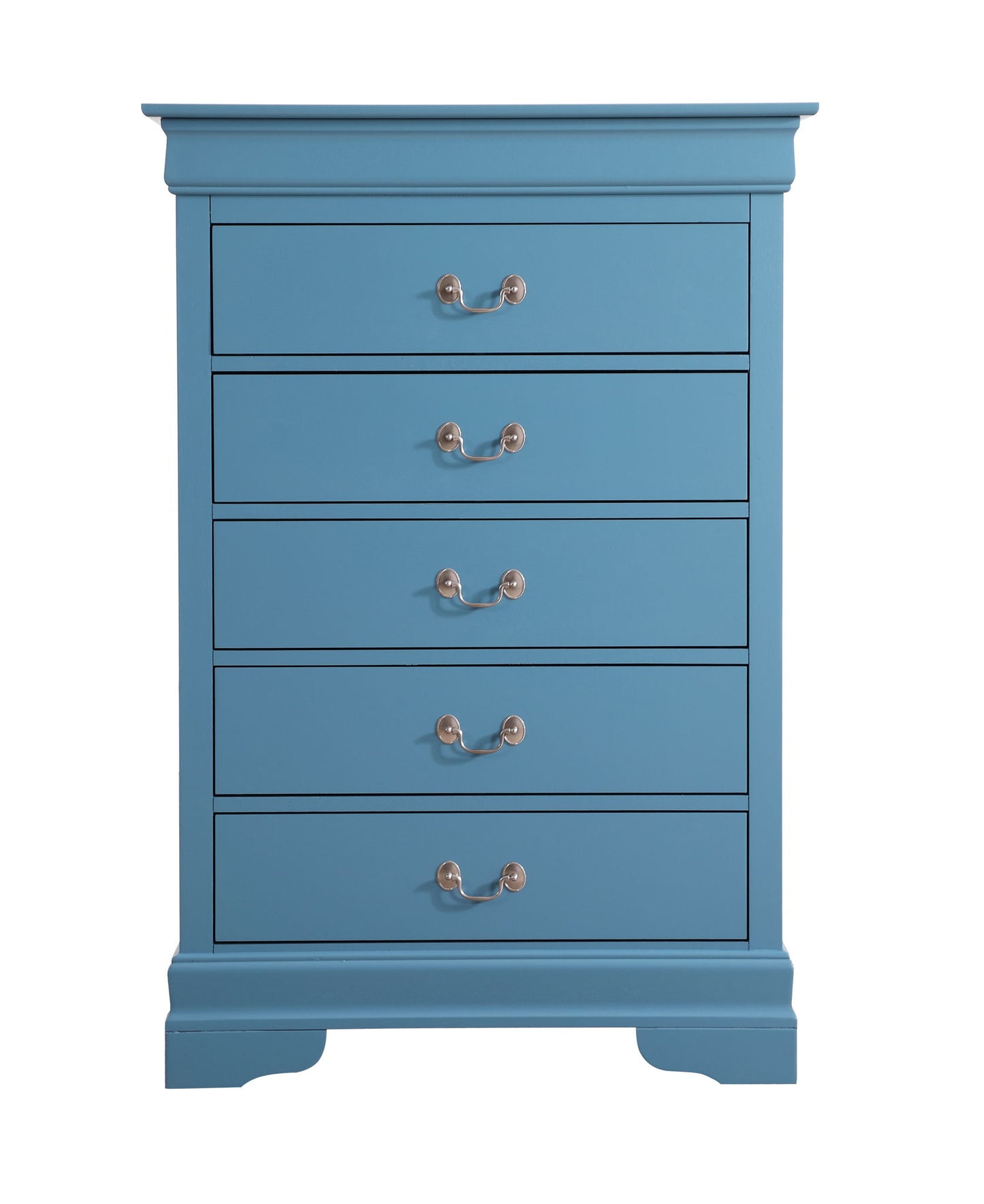 The Traditional Style Storage Chest Elegant is a blue wooden dresser with five drawers, each fitted with silver handles. It features a classic design, a flat top, and a decorative base for timeless appeal.