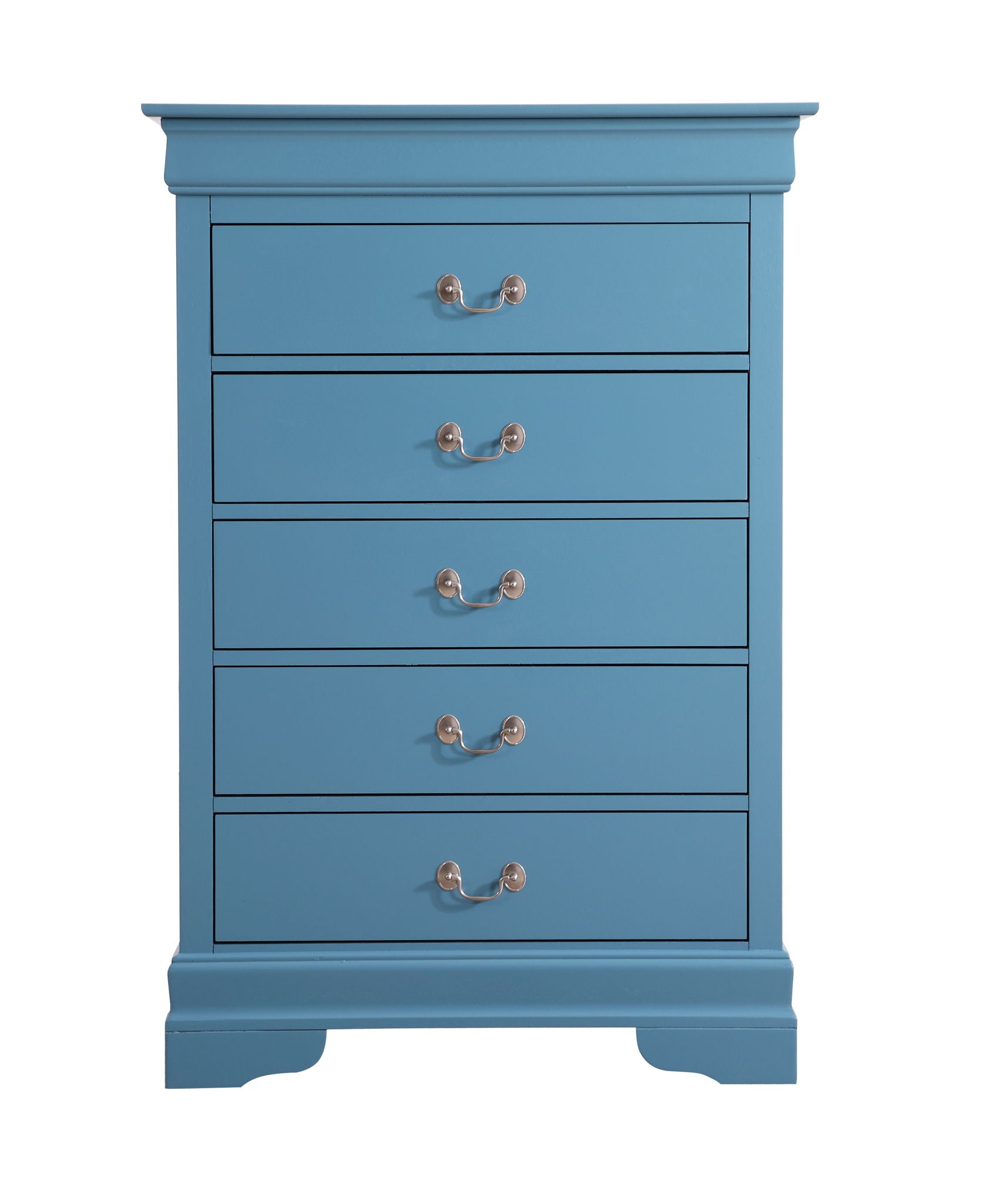 The Traditional Style Storage Chest Elegant is a blue wooden dresser with five drawers, each fitted with silver handles. It features a classic design, a flat top, and a decorative base for timeless appeal.