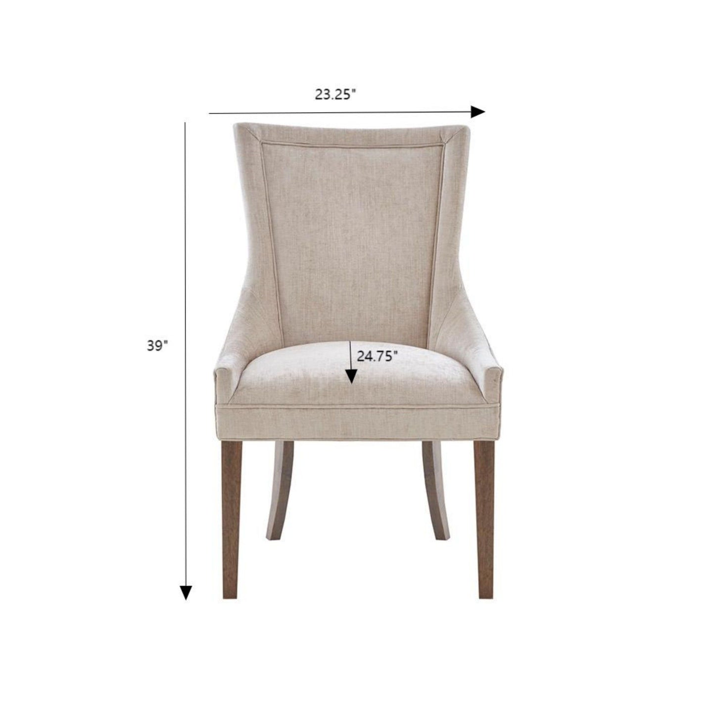 Front view of the Ultra - Elegant Dining Side Chair (Set of 2), featuring light beige upholstery and wooden legs. Each chair measures 39" tall, 23.25" wide at the top, and 24.75" wide at the seat.