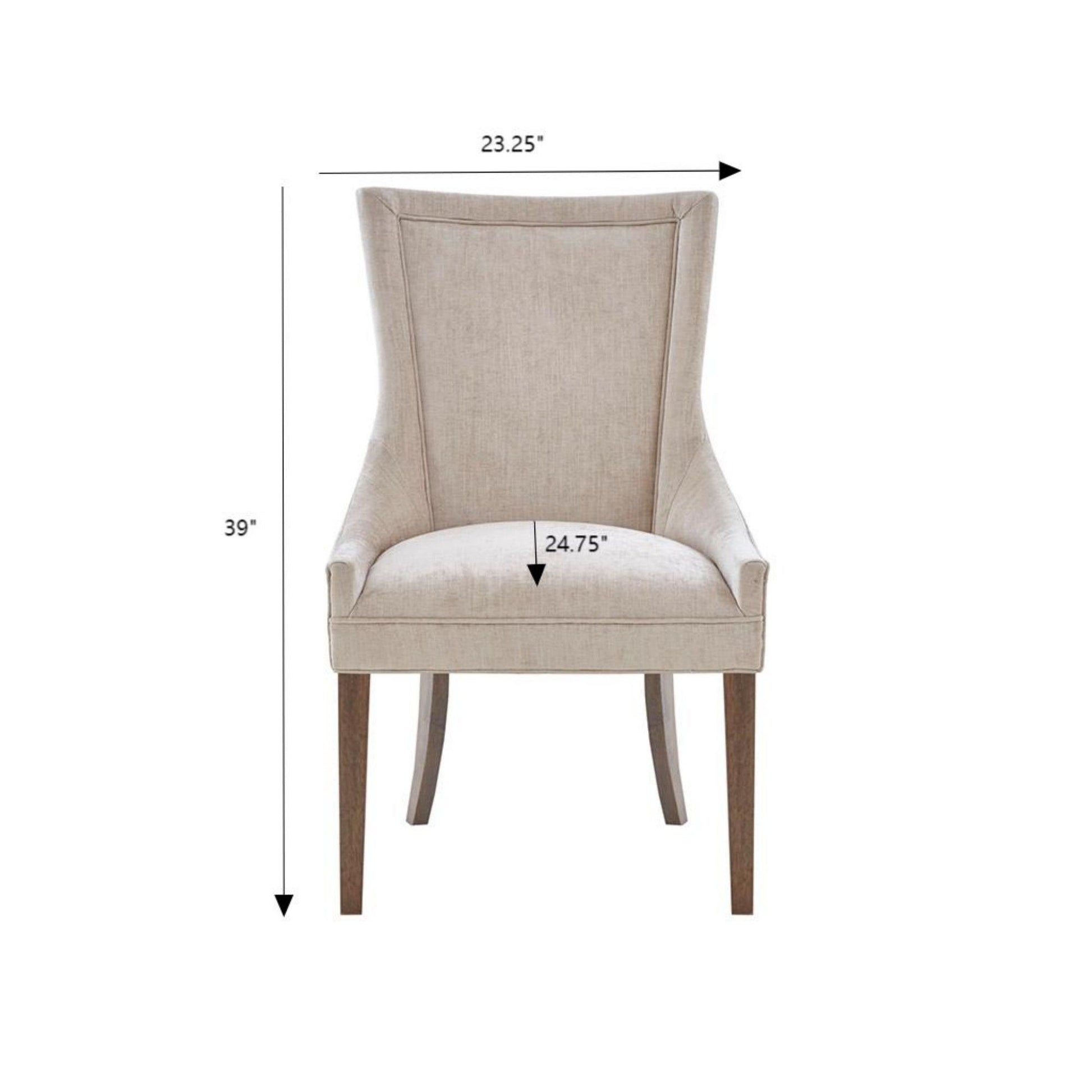 Front view of the Ultra - Elegant Dining Side Chair (Set of 2), featuring light beige upholstery and wooden legs. Each chair measures 39" tall, 23.25" wide at the top, and 24.75" wide at the seat.