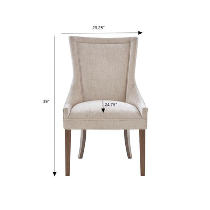 Front view of the Ultra - Elegant Dining Side Chair (Set of 2), featuring light beige upholstery and wooden legs. Each chair measures 39" tall, 23.25" wide at the top, and 24.75" wide at the seat.