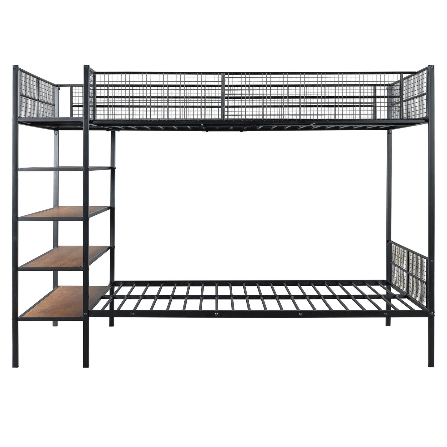 The Bunk Bed With 5 Tier Shelves features a black metal frame, built-in left-side ladder, five wooden shelves, mesh guardrails on the top bunk, and open slatted bases for both bunks. Mattresses are not included.