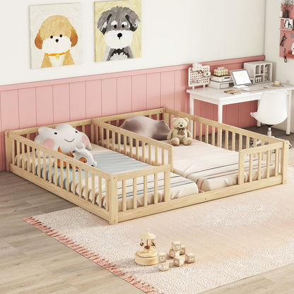 Two Double Floor Beds With Fence and guardrails sit side by side in a cozy, pastel children's room, each with a plush toy. A desk, white chair, toys, and animal art complete the playful décor.