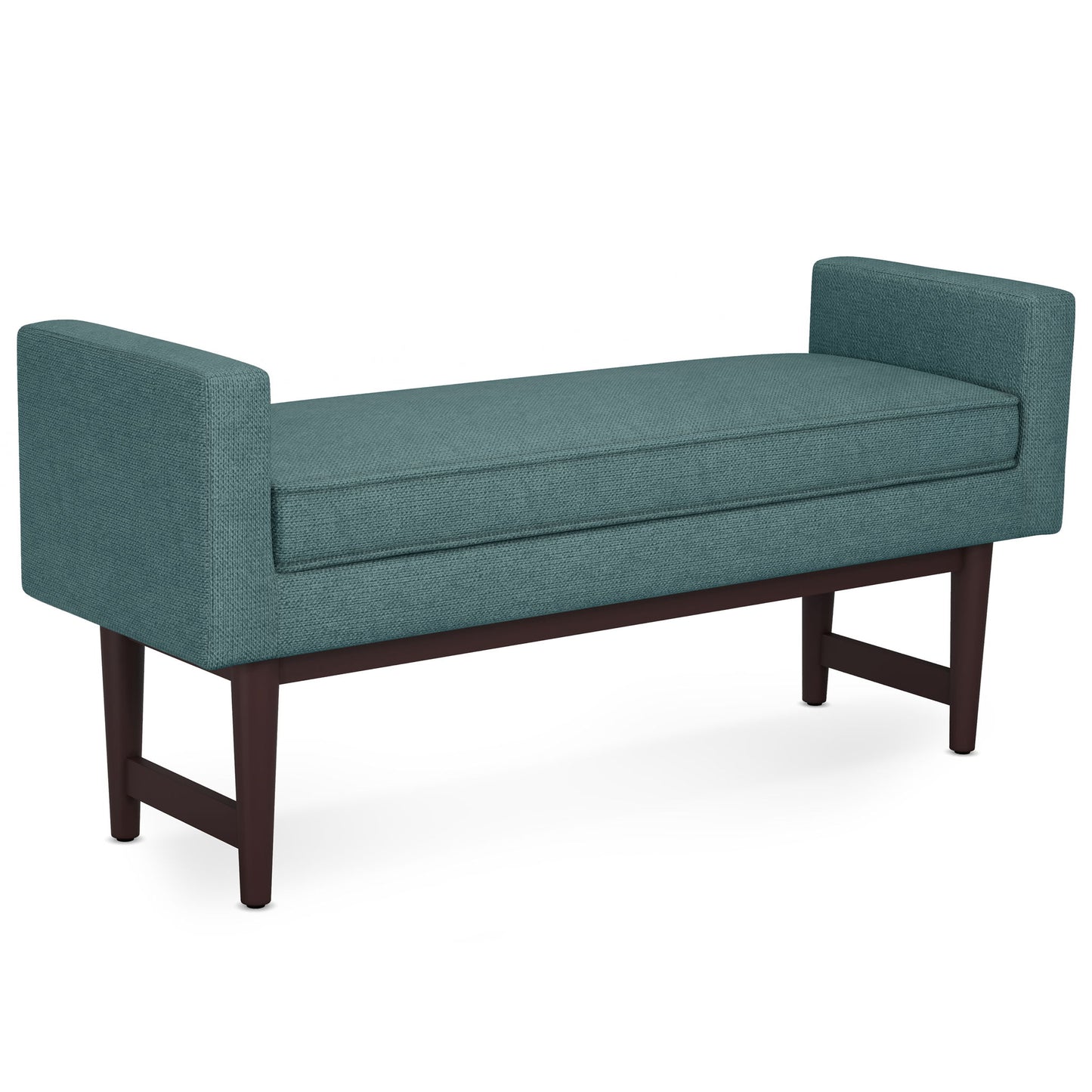 The Scott Upholstered Ottoman Bench features a rectangular teal cushion, raised armrests on both sides, and dark wooden legs, offering a modern minimalist design.