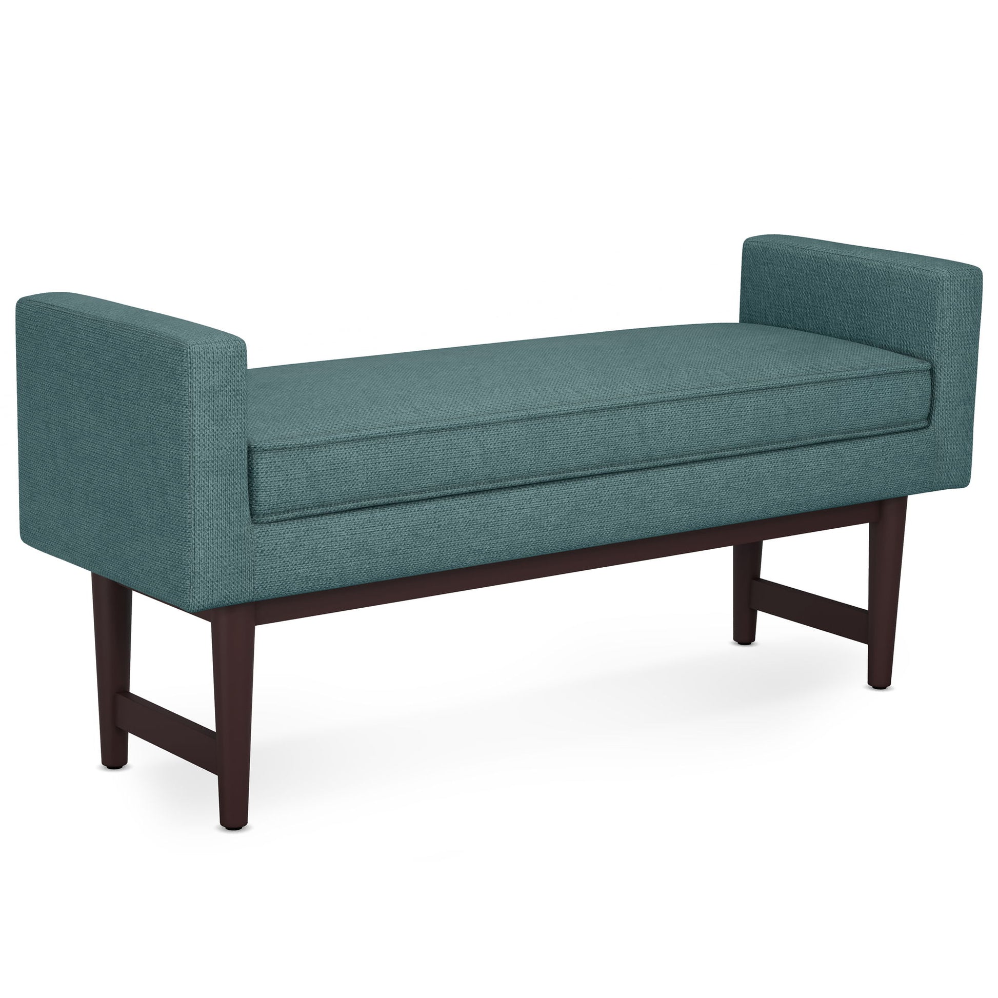 The Scott Upholstered Ottoman Bench features a rectangular teal cushion, raised armrests on both sides, and dark wooden legs, offering a modern minimalist design.