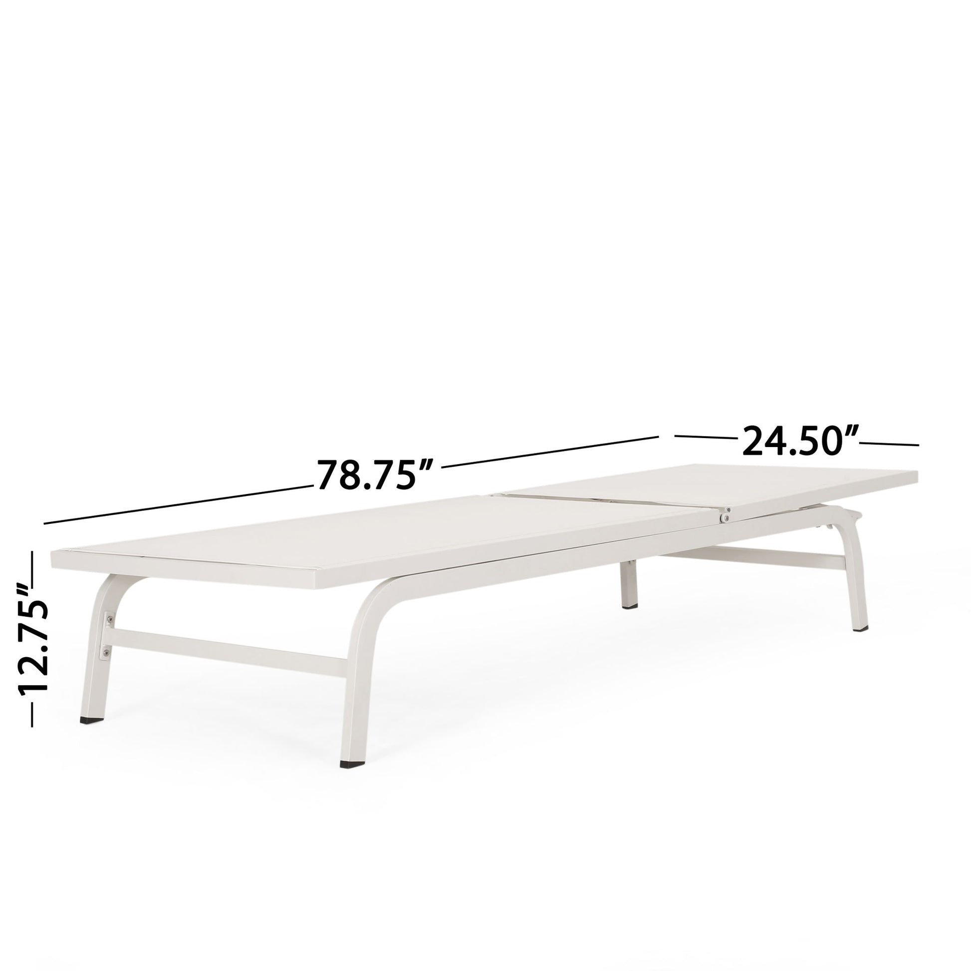 The Finn Contemporary Chaise Lounge for outdoor relaxation is shown from a low angle. It's white, rectangular, and measures 78.75"L x 24.50"W x 12.75"H.