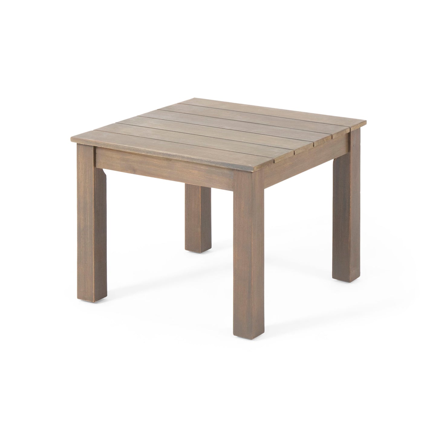 The Halcyon Outdoor Side Table features a square wooden design with four straight legs and a slatted top, displayed against a white background.