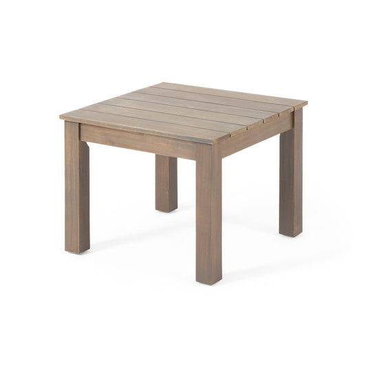 The Halcyon Outdoor Side Table features a square wooden design with four straight legs and a slatted top, displayed against a white background.
