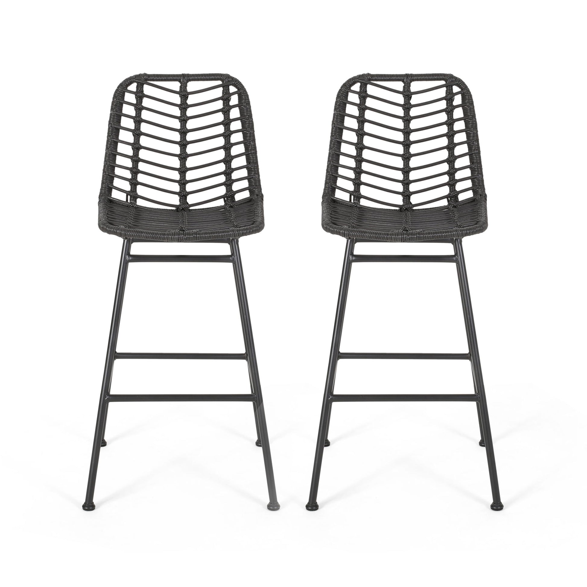 The Sawtelle Outdoor Wicker Barstools (Set of 2) feature modern black frames, woven rattan seats and backs with open geometric patterns, and slender metal legs. The barstools are shown side by side on a white background.