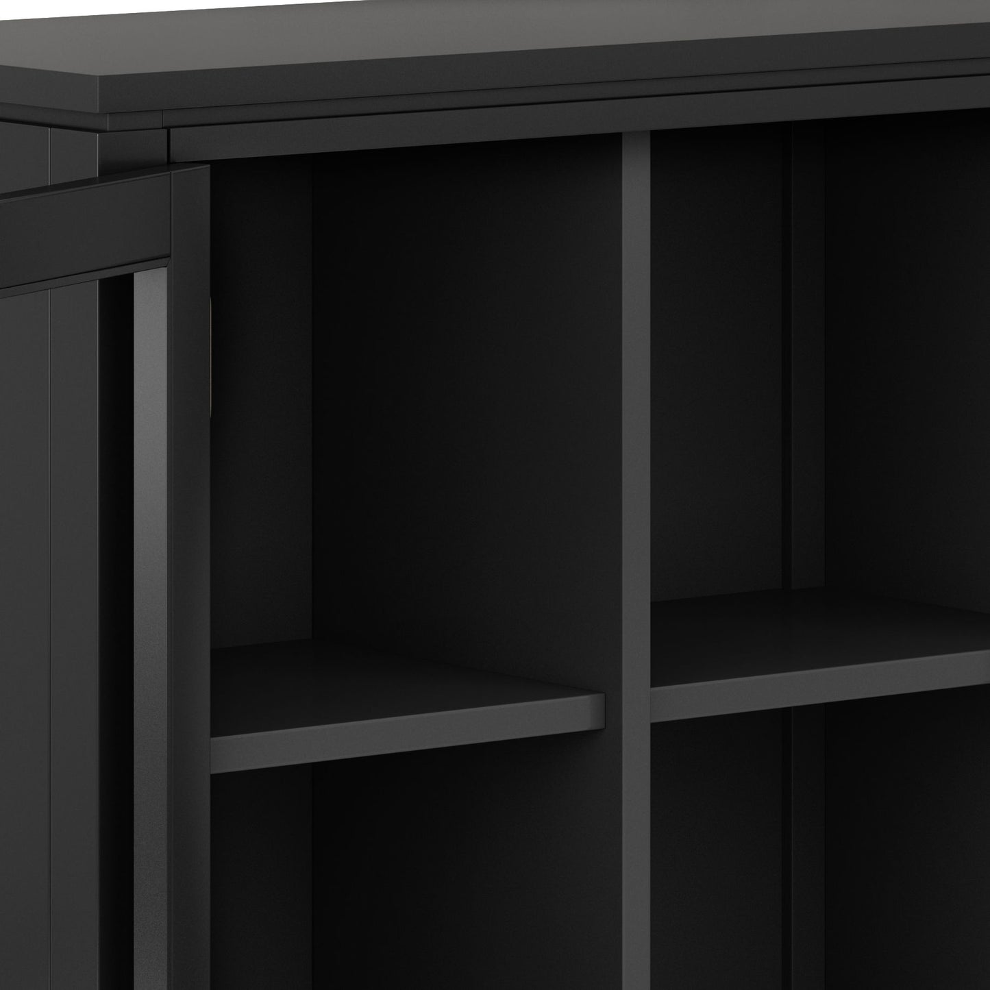 Close-up of the Cosmopolitan - Handcrafted Medium Storage Cabinet in black, featuring four open compartments with two vertical dividers and one horizontal shelf in a sleek, modern frame.