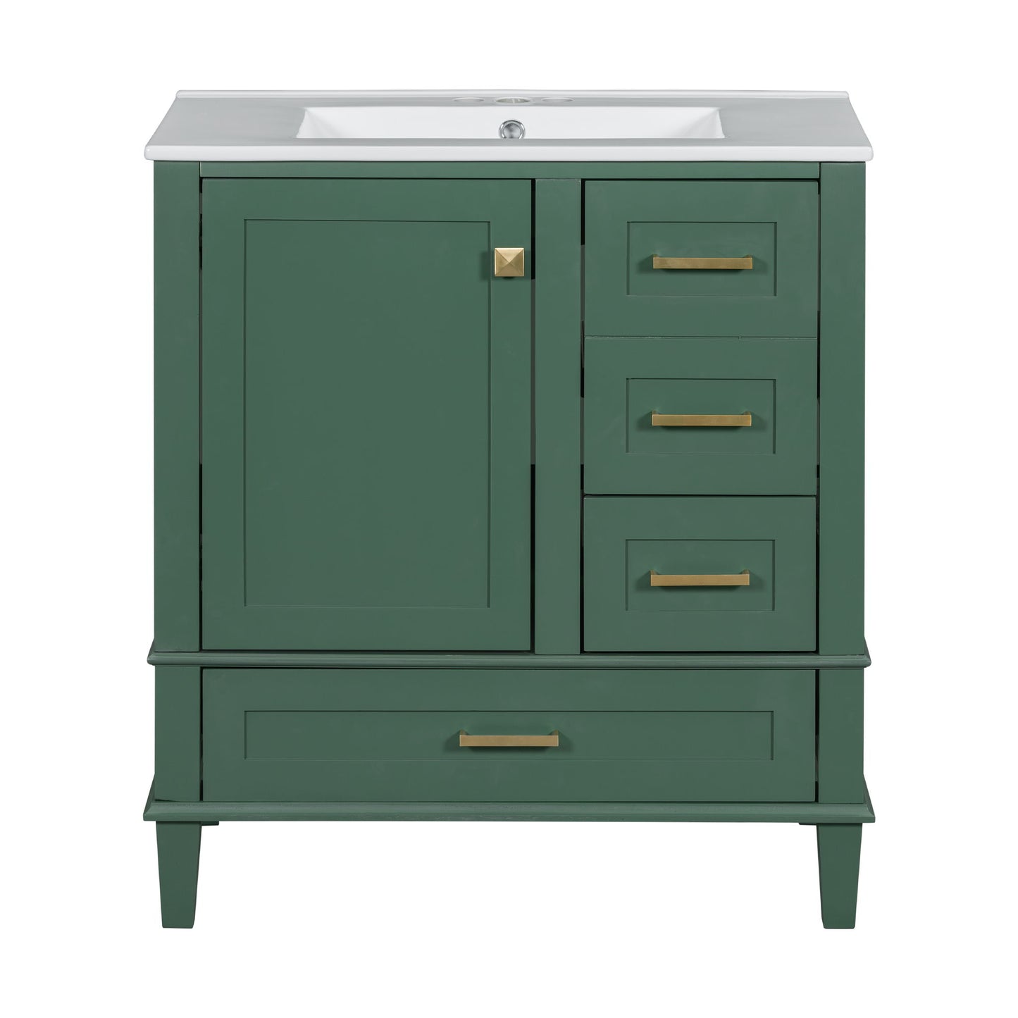 A modern bathroom vanity with a solid wood frame, white sink, gold hardware, one soft-closing door on the left, and three drawers on the right.