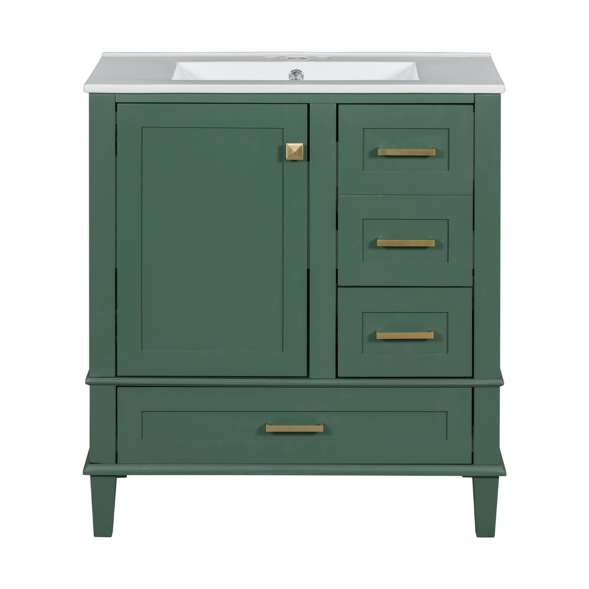 A modern bathroom vanity with a solid wood frame, white sink, gold hardware, one soft-closing door on the left, and three drawers on the right.