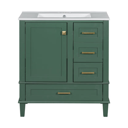 A modern bathroom vanity with a solid wood frame, white sink, gold hardware, one soft-closing door on the left, and three drawers on the right.