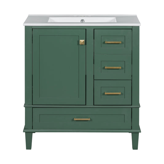 A modern bathroom vanity with a solid wood frame, white sink, gold hardware, one soft-closing door on the left, and three drawers on the right.