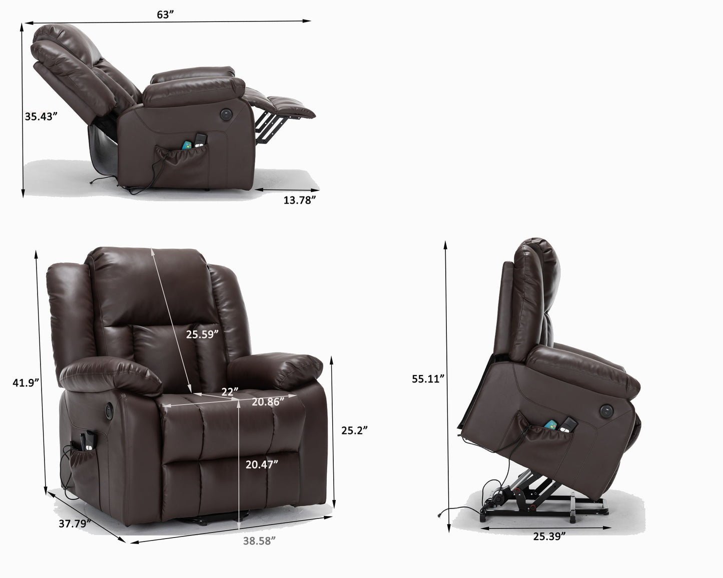 Three views of the Electric Power Massage Recliner Chair in brown are shown reclined, upright, and lifted, with labeled dimensions for width, depth, height, and seat size.