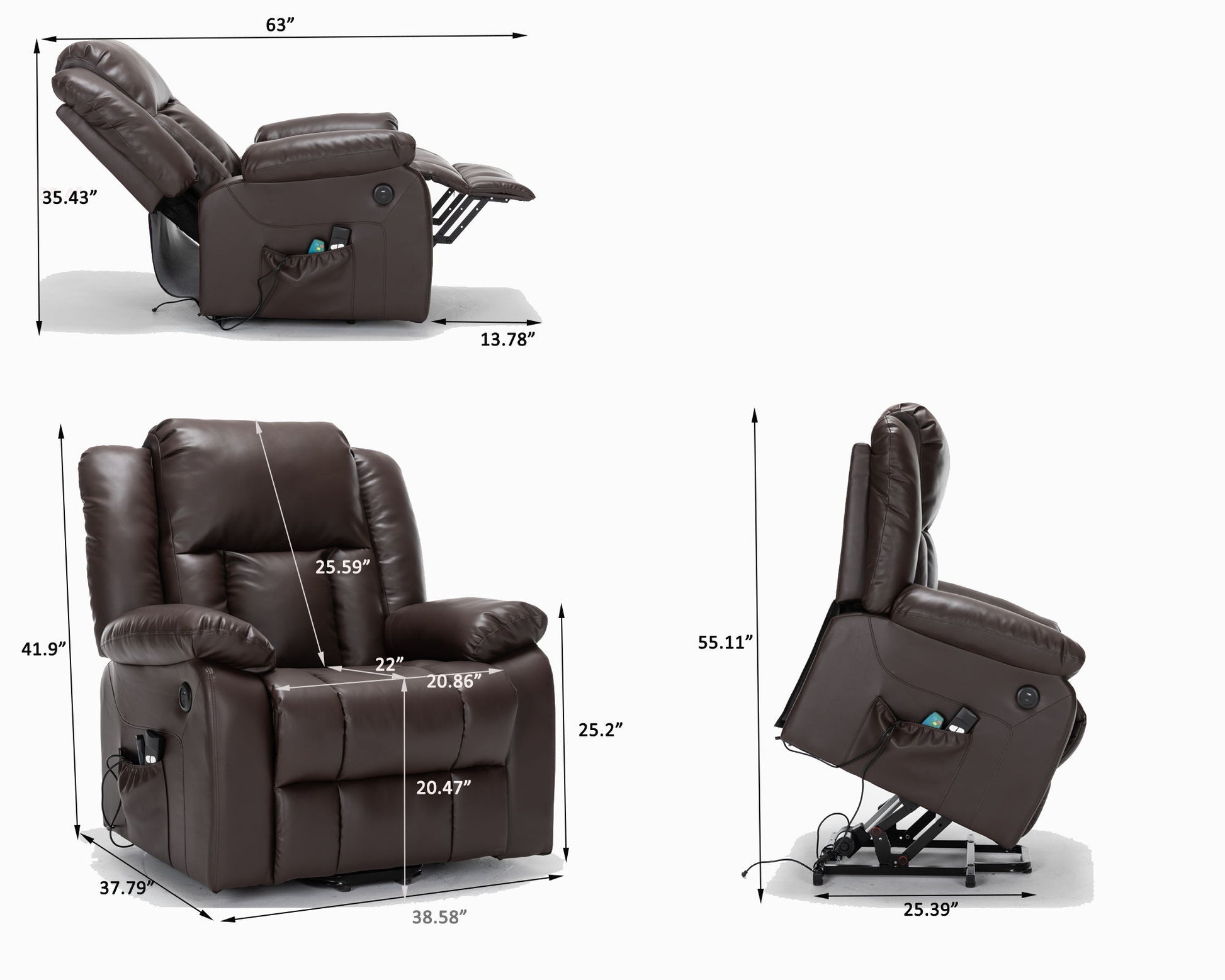 Three views of the Electric Power Massage Recliner Chair in brown are shown reclined, upright, and lifted, with labeled dimensions for width, depth, height, and seat size.