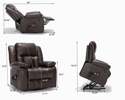 Three views of the Electric Power Massage Recliner Chair in brown are shown reclined, upright, and lifted, with labeled dimensions for width, depth, height, and seat size.