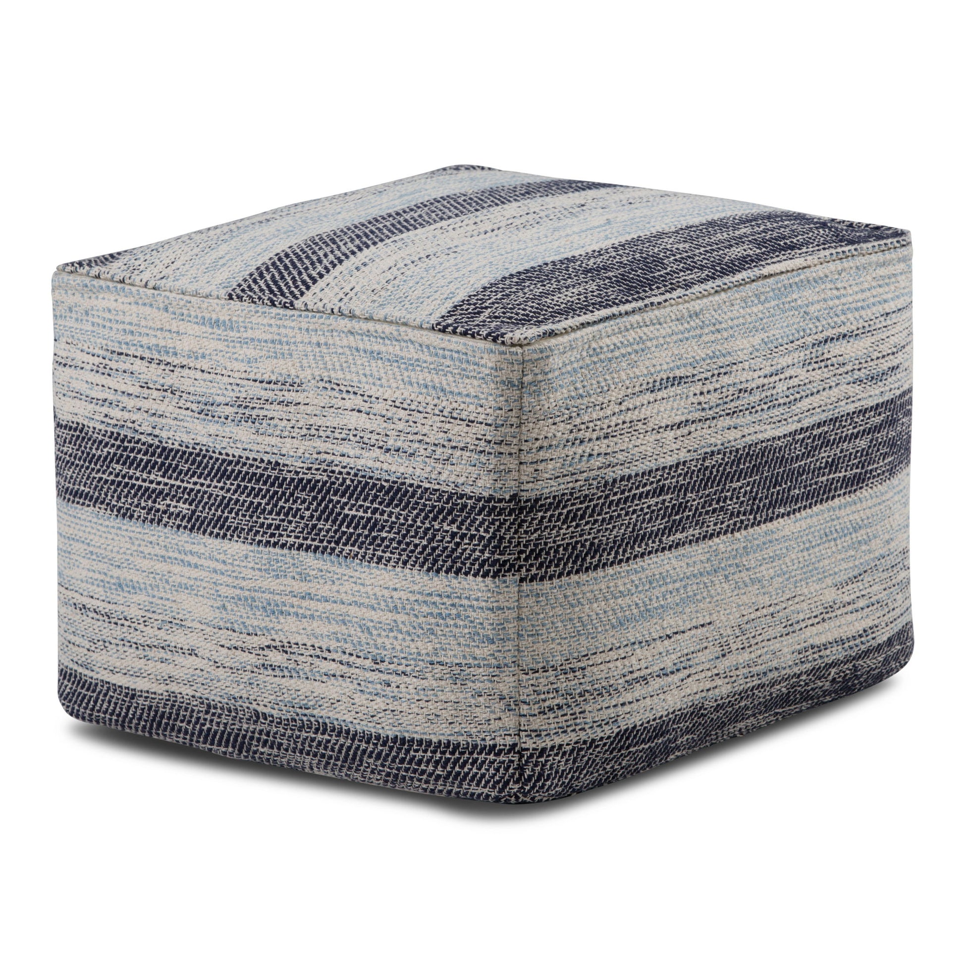 The Clay - Square Pouf, Upholstered is a fabric ottoman with a textured pattern of blue and gray horizontal stripes, featuring a soft woven look and a simple modern design.
