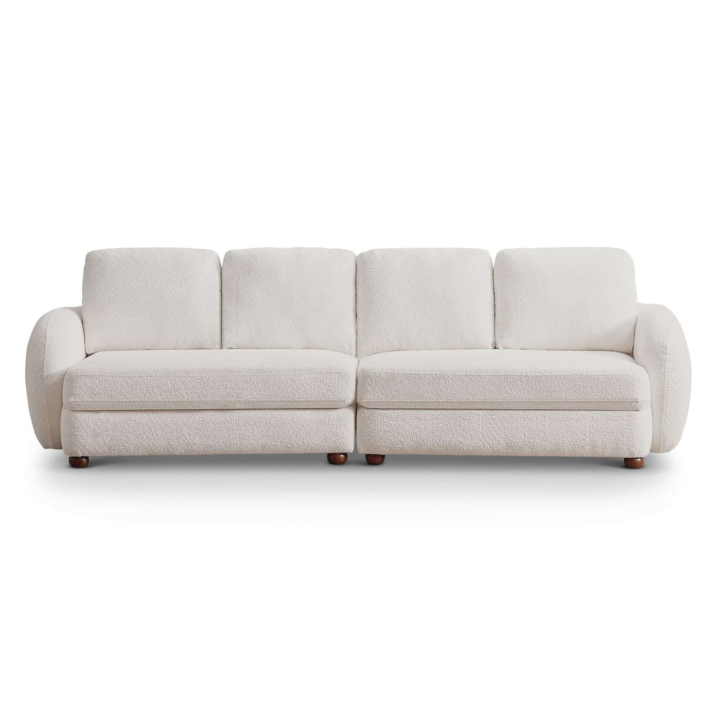 The Paton - Comfortable Sofa is a modern three-seater with plush white upholstery, rounded armrests, and short wooden legs, displayed against a white background.